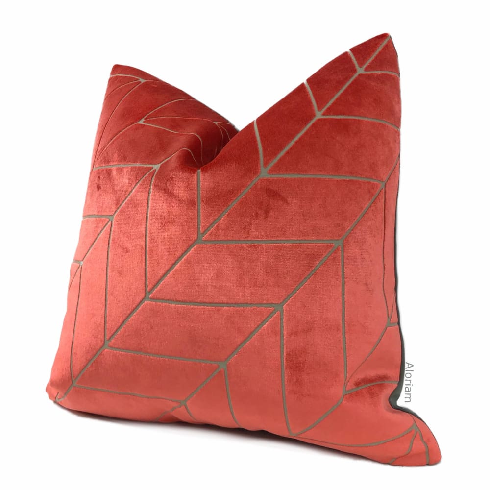 Leyland Coral Red Diagonal Chevron Velvet Pillow Cover - Aloriam
