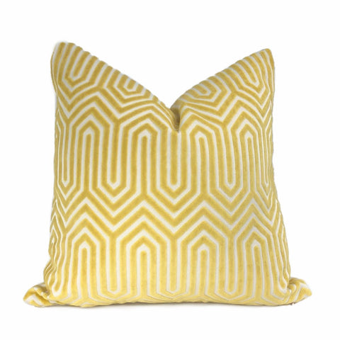 Maestro Geometric Buttercup Yellow Cut Velvet Pillow Cover - Aloriam