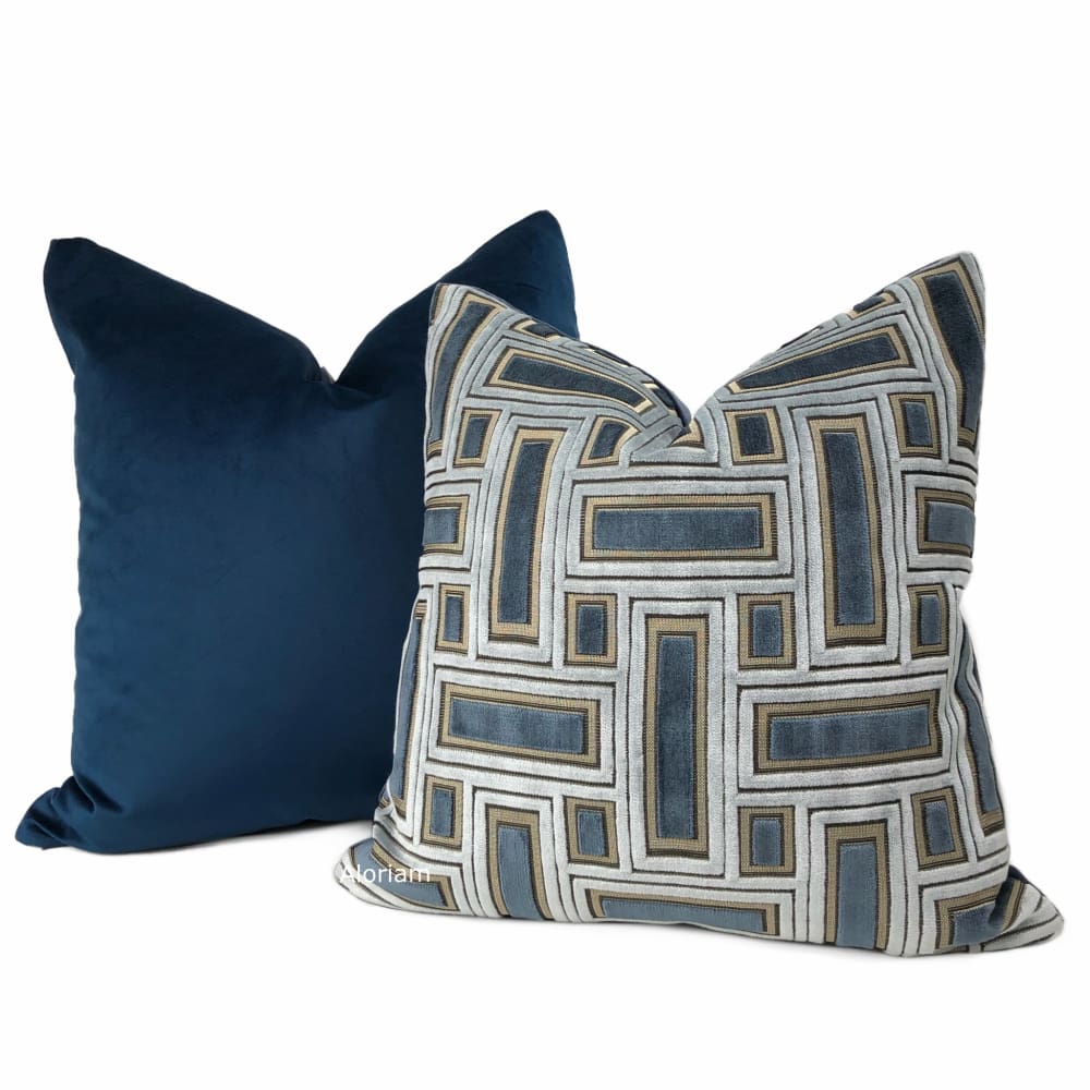 Magnus Blue & Silver Geometric Blocks Cut Velvet Pillow Cover - Aloriam
