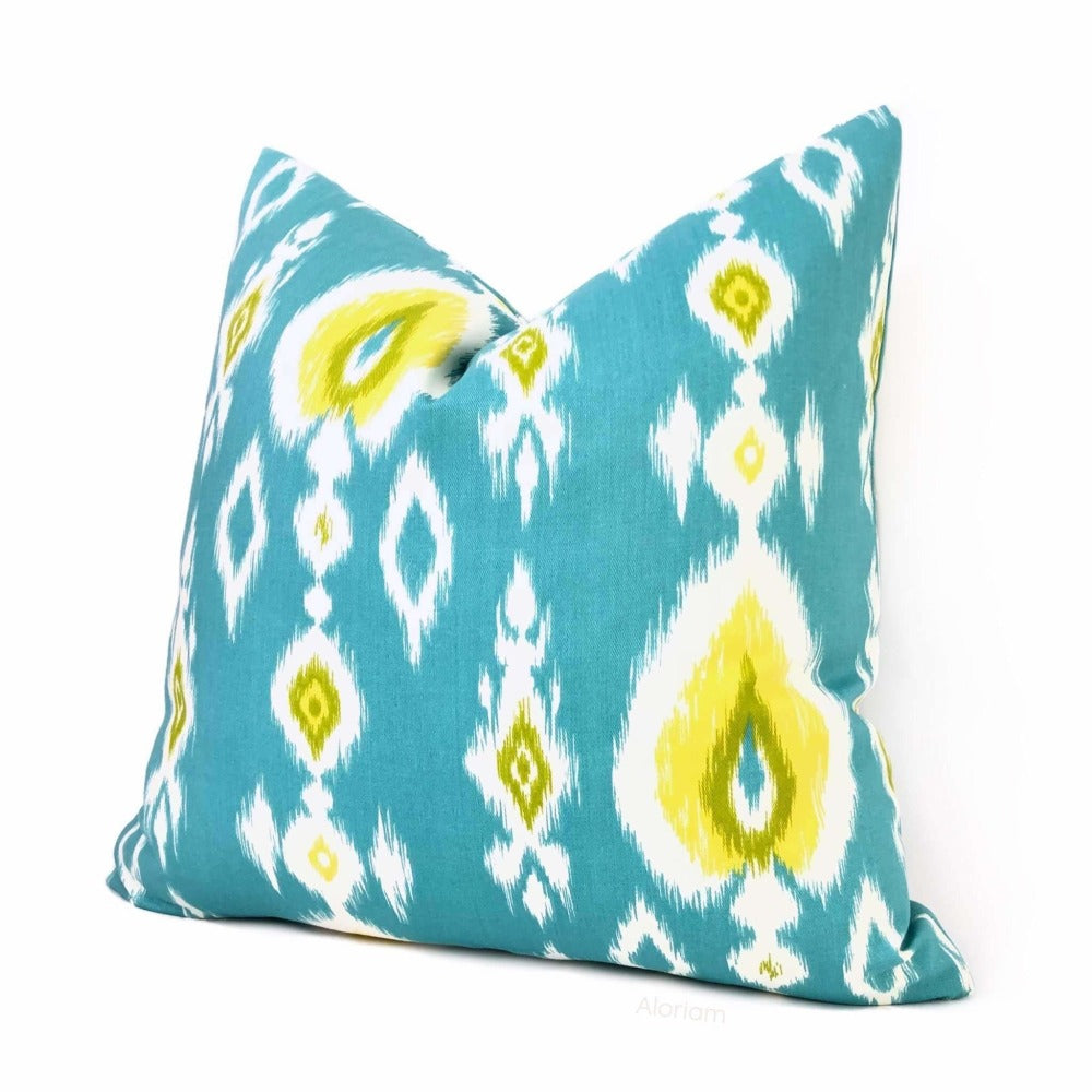 Malabar Turquoise Blue Yellow White Ikat Pillow Cover