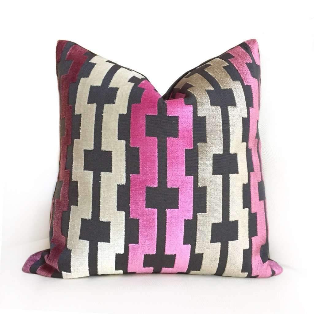 Pink Cream Taupe Gray Modern Velvet Geometric Stripe Pillow Cover by Aloriam
