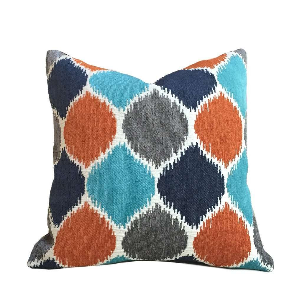 Navy Blue Gray Turquoise Orange Geometric Chenille Pillow Cover