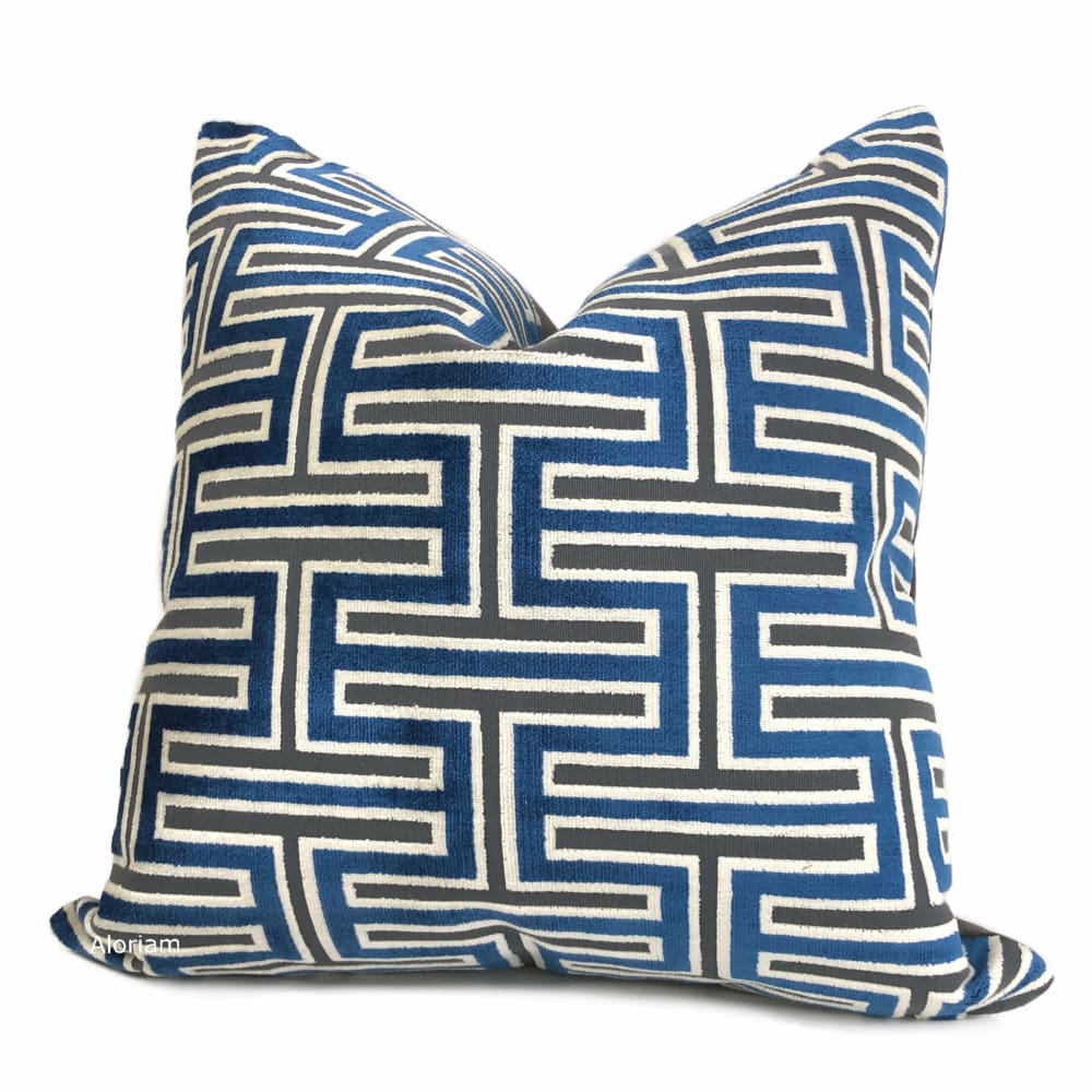 Olympia Marine Blue & Gray Greek Key Geometric Velvet Pillow Cover - Aloriam