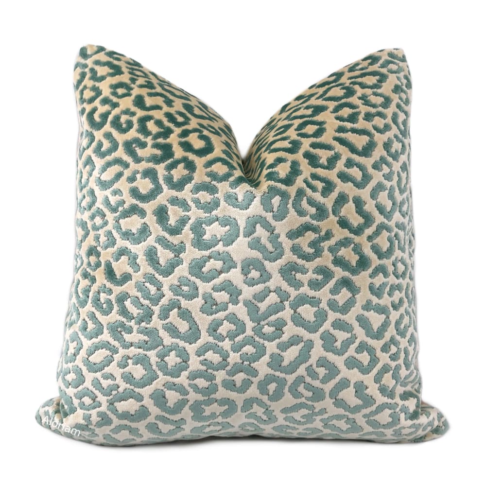Panthere Aqua Green Ivory Leopard Spot Italian Cut Velvet Pillow