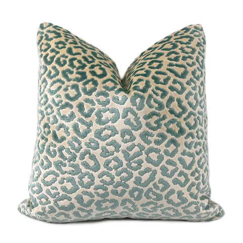 Panthere Aqua Green Ivory Leopard Spot Italian Cut Velvet Pillow Cover (Brunschwig & Fils fabric) - Aloriam
