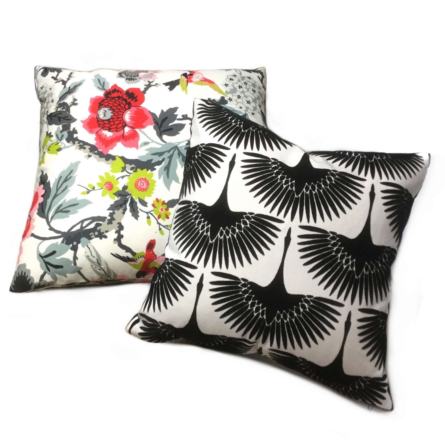 Pink Gray Cream Floral Birds Cotton Print Cushion Cover