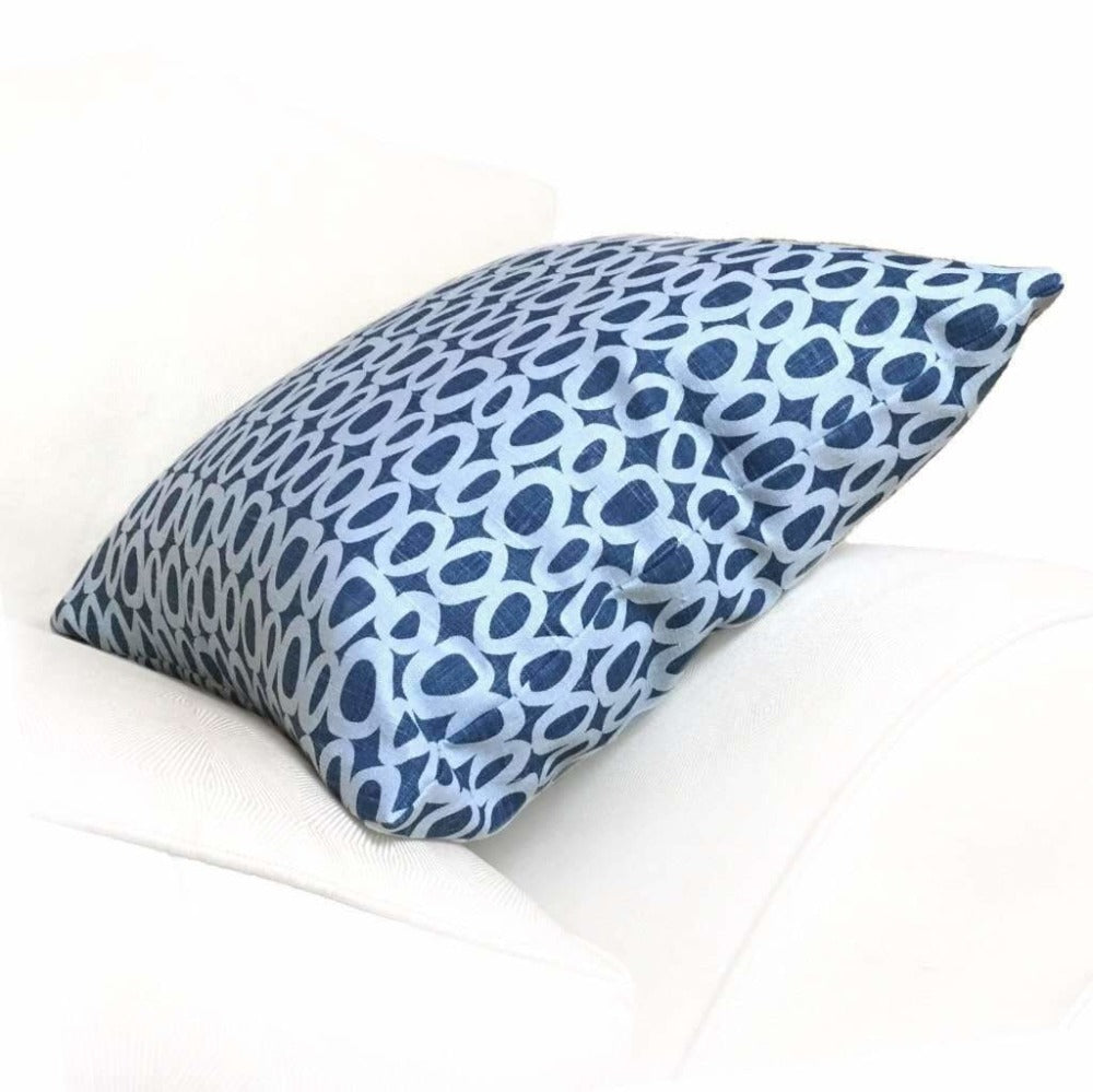 Chambray Denim Blue Abstact "O" Geometric Dots Linen Pillow Cover, Fits Lumbar 16" 18" 20" 22" 24" Cushion Inserts