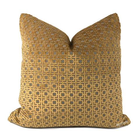Quattro Amber Gold Geometric Square Lattice Cut Velvet Pillow Cover - Aloriam