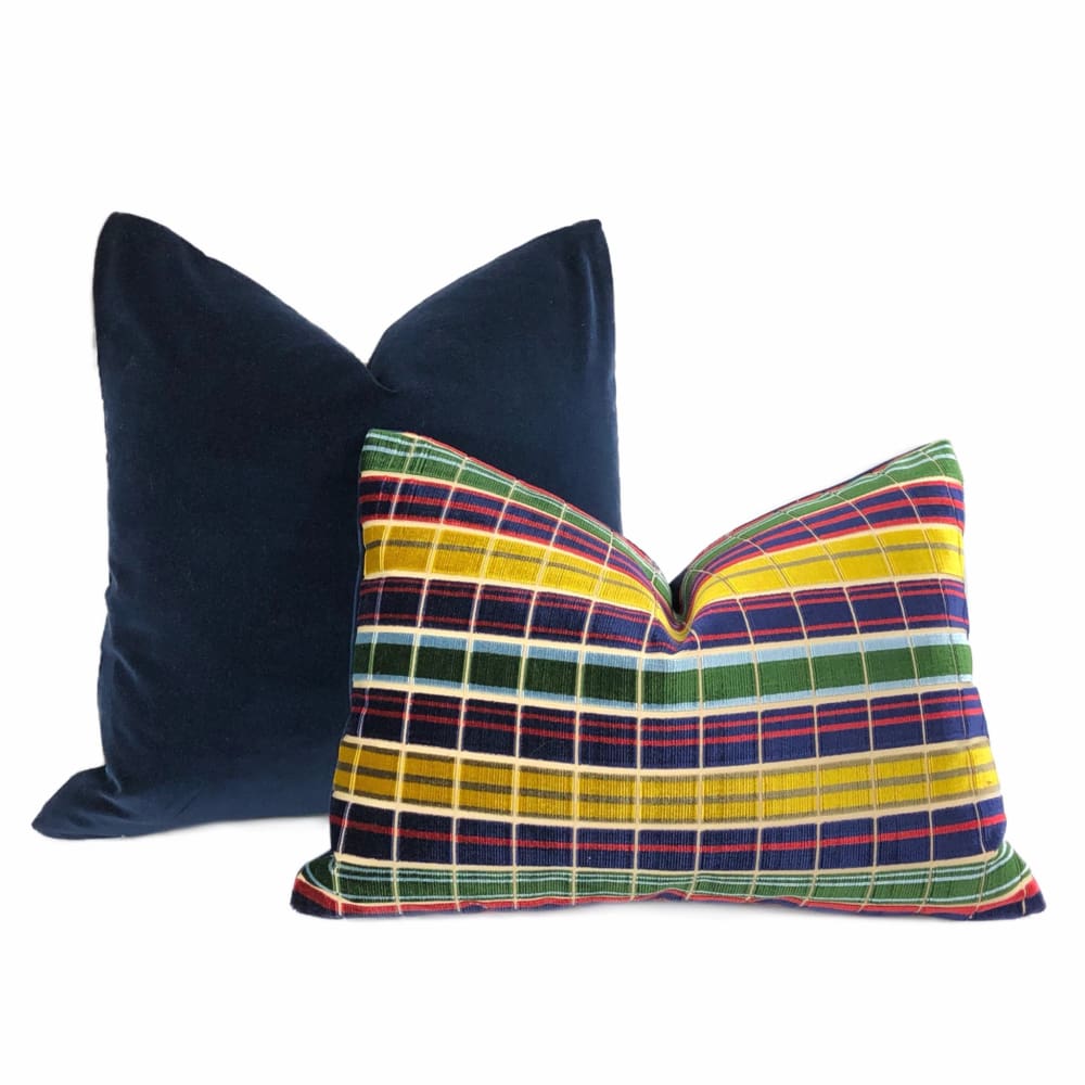Regents Park Navy Blue Red Gold Plaid Silk Velvet Pillow Cover (Lee Jofa fabric) - Aloriam