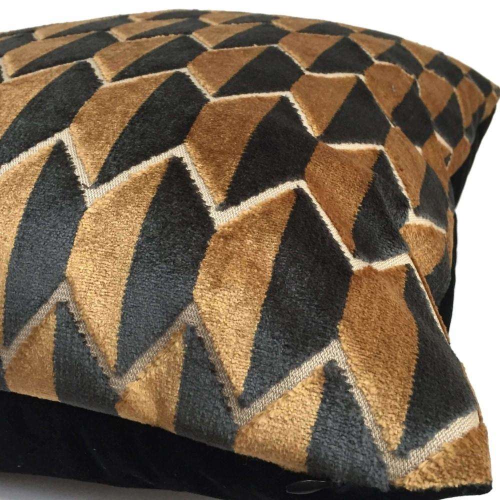Robert Allen Alessio Copper Black Geometric Velvet Pillow Cover by Aloriam