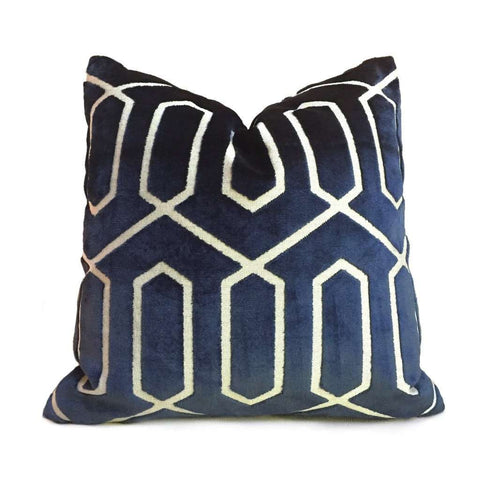Robert Allen Bengal Lattice Geometric Navy Blue Italian Cut Velvet Pillow Cover