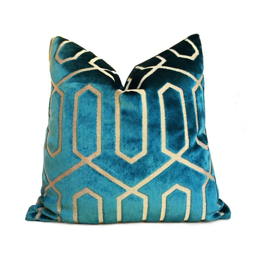 Geometric Teal Patterned Cushion Retro Geometric Velvet Cushion