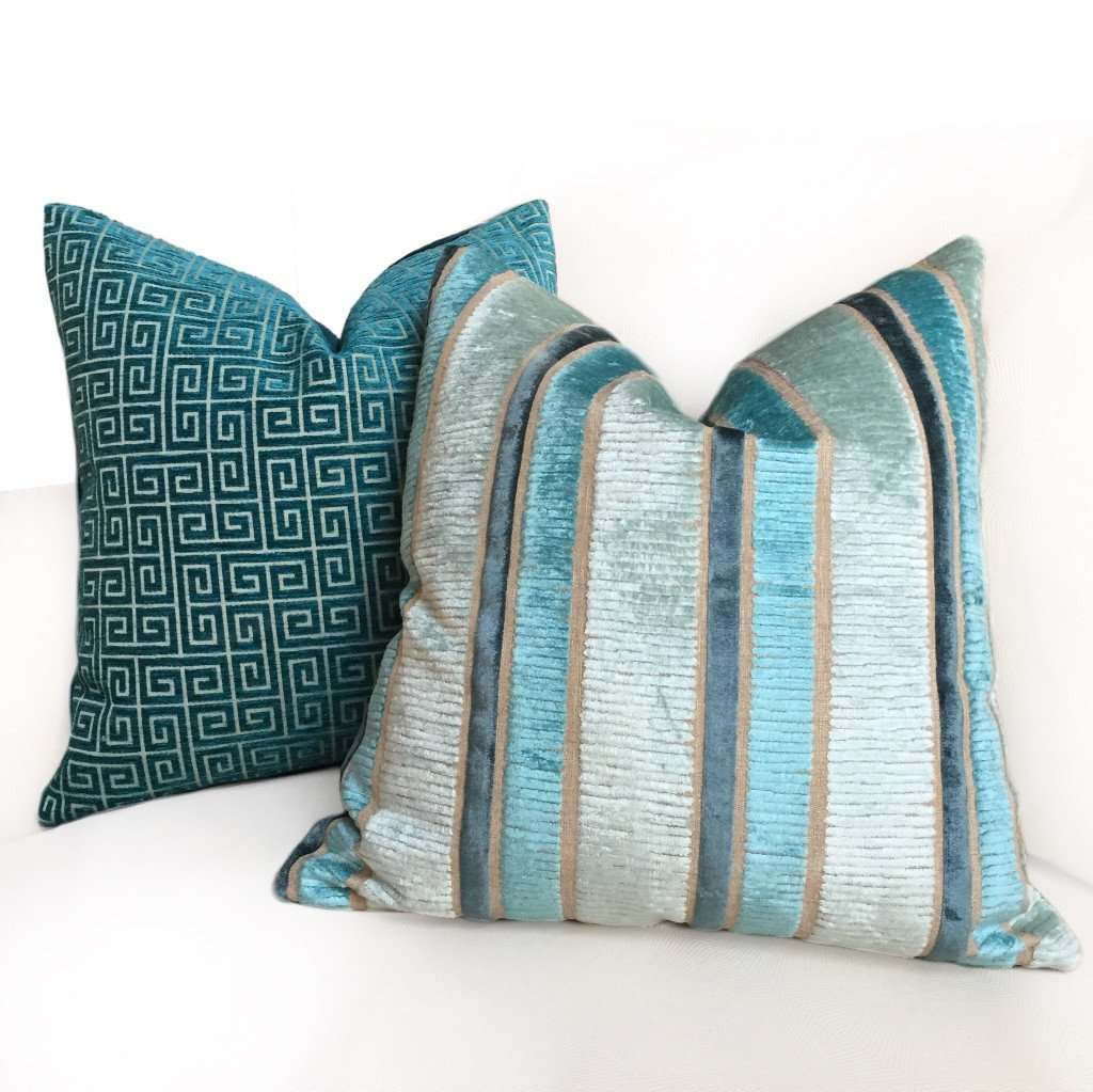 Robert Allen Bright Turquoise Teal Green Textured Greek Key Pillow Cover