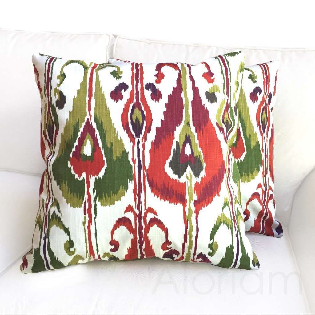 Robert Allen Ikat Bands Green Red Ivory Decorative Throw Pillow Cushion Cover Cushion Pillow Case Euro Sham 16x16 18x18 20x20 22x22 24x24 26x26 28x28 Lumbar Pillow 12x18 12x20 12x24 14x20 16x26 by Aloriam