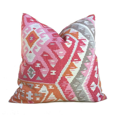 Southwest Ethnic Ikat Aztec Pink Gray Orange Cream Cotton Print Pillow Cover by Aloriam