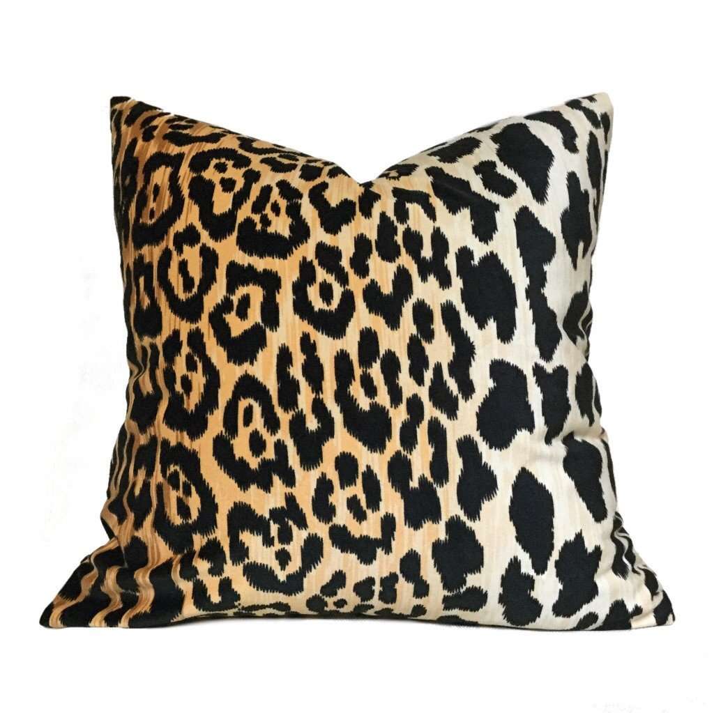 Tan Black Large Leopard Faux Animal Skin Cotton Velvet Pillow