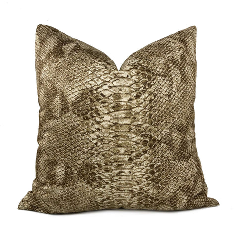 Tan Brown Faux Snakeskin Reptile Cotton Print Pillow Cover