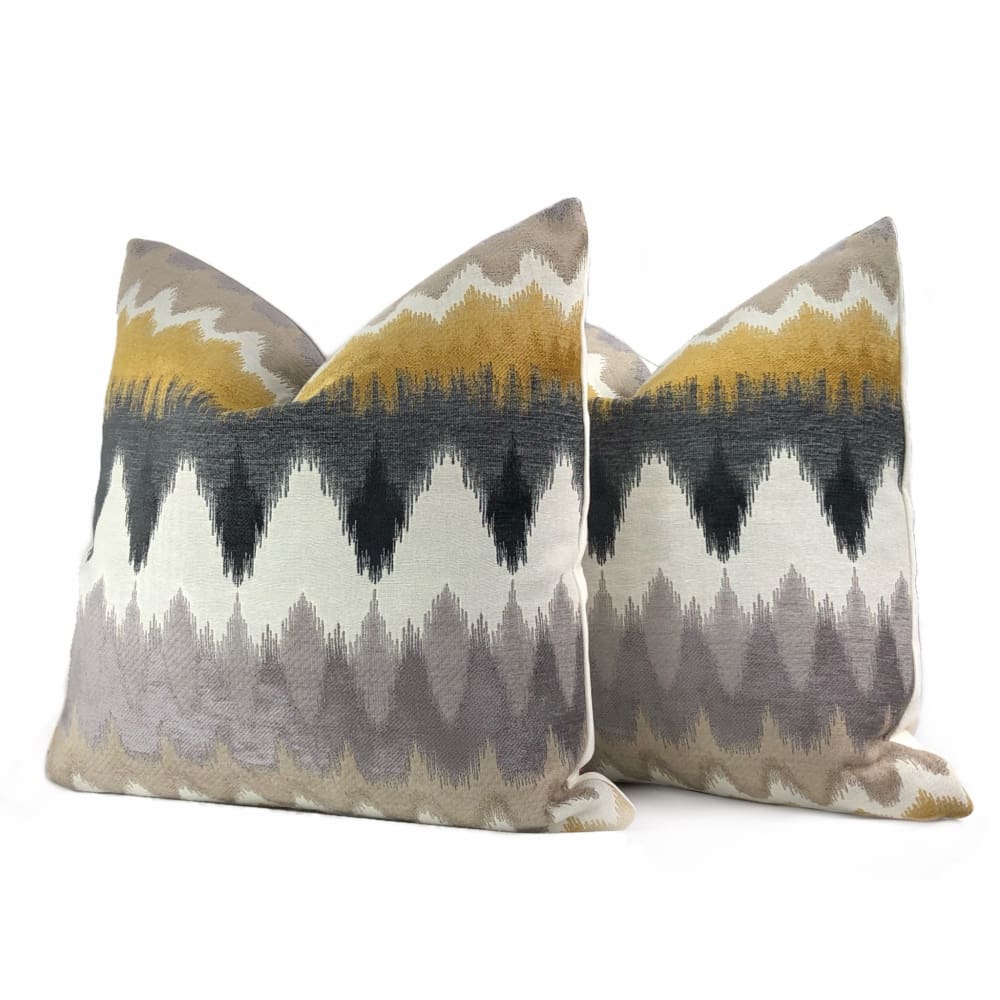 Taos Mustard Yellow Gray Off-White Chevron Stripes Chenille Pillow Cover - Aloriam