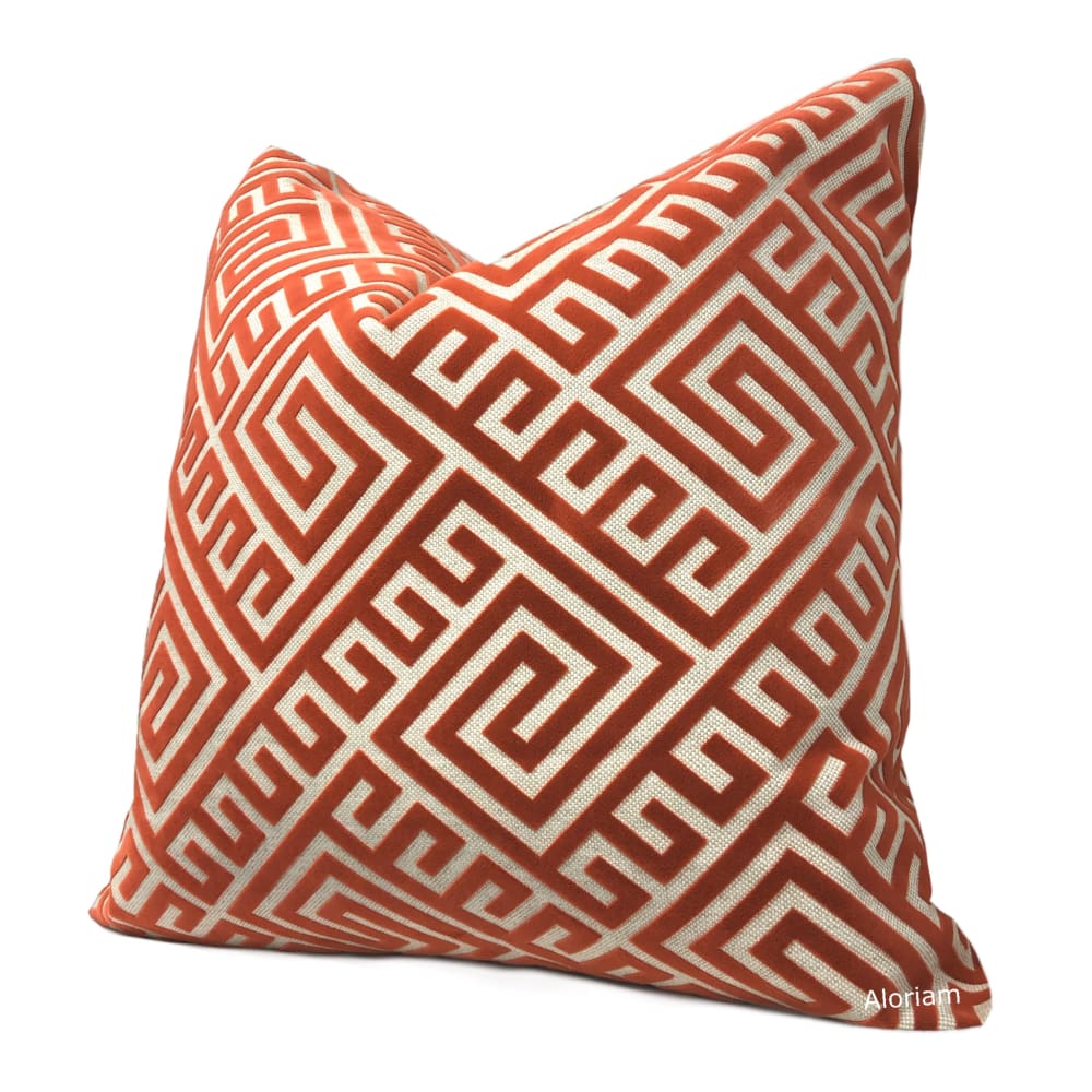 Thebes Orange Beige Greek Key Velvet Pillow Cover - Aloriam