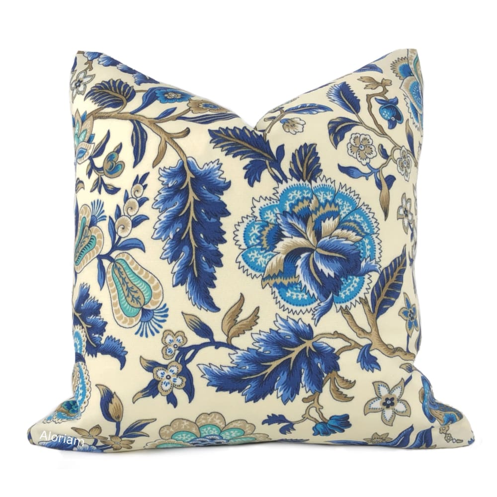 Waverly Imperial Dress Ivory Blue Jacobean Floral Outdoor Pillow Cover - Aloriam