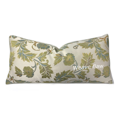 Ecru Gold Green Blue Brown Floral Lumbar Pillow Cover by Aloriam