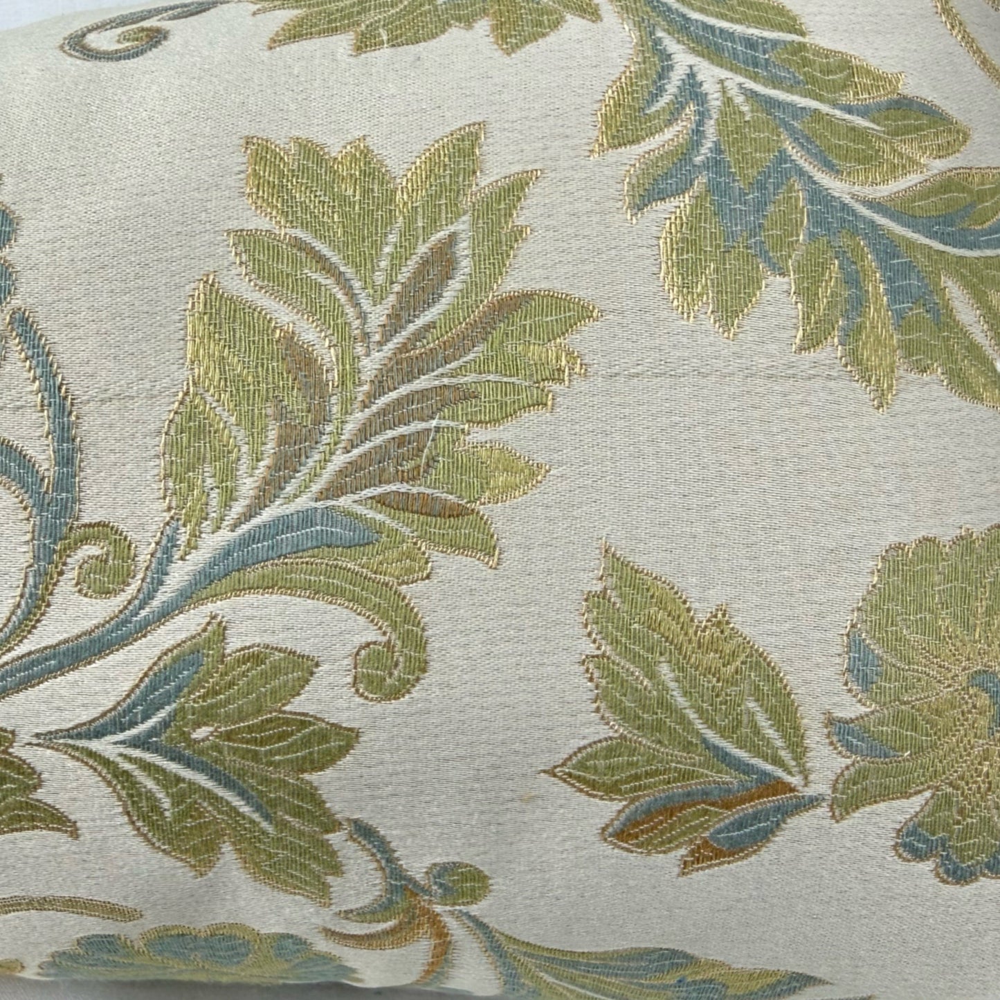 Closeup of Ecru Gold Green Blue Brown Floral Pillow Cover by Aloriam 