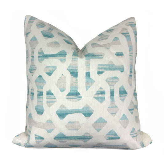 Kravet Jeffrey Alan Marks Lattice Fretwork Beach Seaglass Cream Linen Pillow Cover