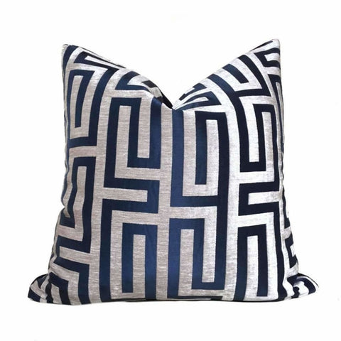 Designer Navy Blue Taupe Greek Key Chenille Satin Texture Pillow Cover