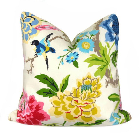 Chloe Blue Yellow Green Pink Cream Floral Birds Print Pillow Cover - Aloriam