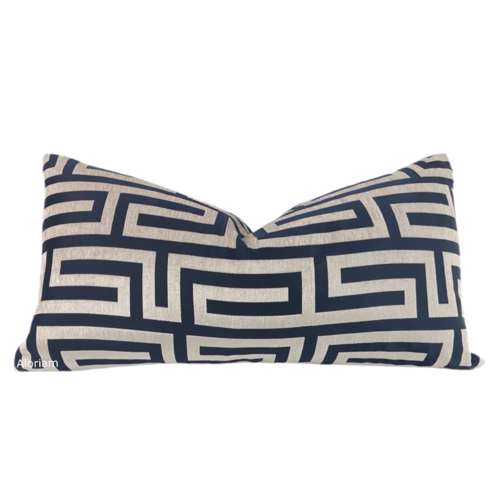 (CLEARANCE) Alexander Navy Blue Taupe Greek Key Chenille Texture Pillow Cover Aloriam