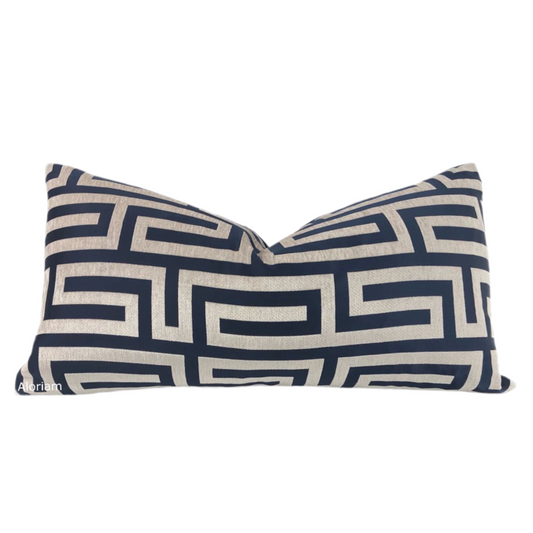 (CLEARANCE) Alexander Navy Blue Taupe Greek Key Chenille Texture Pillow Cover Aloriam