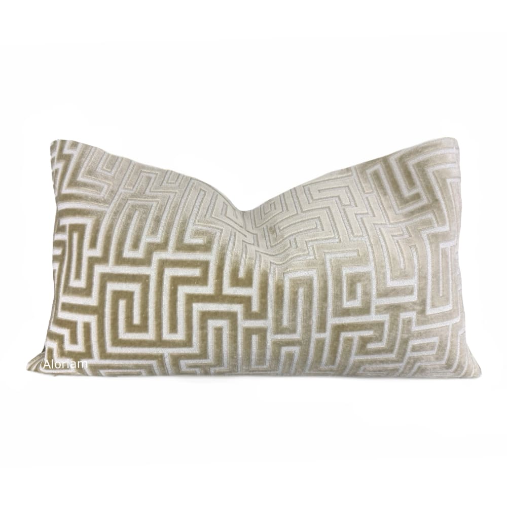 (CLEARANCE) Eugene Champagne Cream Greek Key Velvet Pillow Cover - Fits 12x20 insert (11x19 cover) / Pattern on both sides - Aloriam