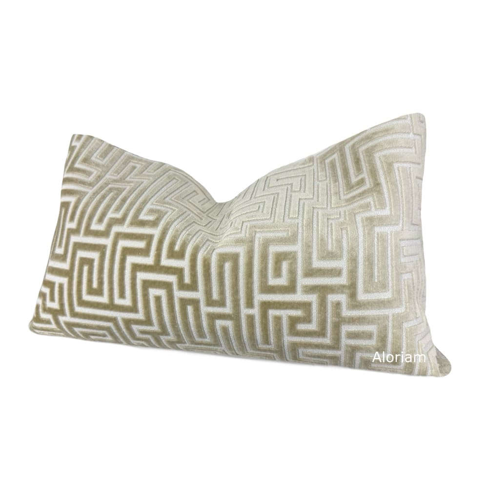 (CLEARANCE) Eugene Champagne Cream Greek Key Velvet Pillow Cover - Fits 12x20 insert (11x19 cover) / Pattern on both sides - Aloriam