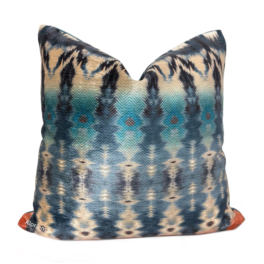 (CLEARANCE) Meza Southwest Blue Rust Cream Velveteen Pillow Cover - Fits 18x18 insert (17x17 cover) / Pattern front - Solid back - Aloriam