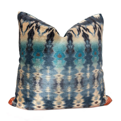 (CLEARANCE) Meza Southwest Blue Rust Cream Velveteen Pillow Cover - Fits 18x18 insert (17x17 cover) / Pattern front - Solid back - Aloriam