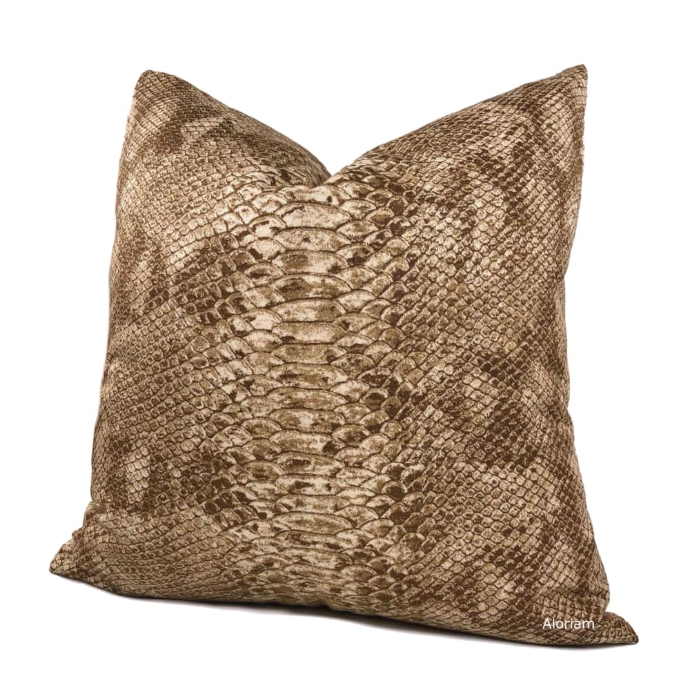 (CLEARANCE) Tan Brown Faux Snakeskin Reptile Cotton Print Pillow Cover - Aloriam