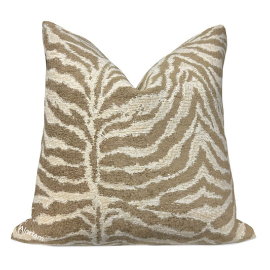 Cream & Sand Tiger Animal Stripe Pattern Chenille Pillow Cover - Aloriam