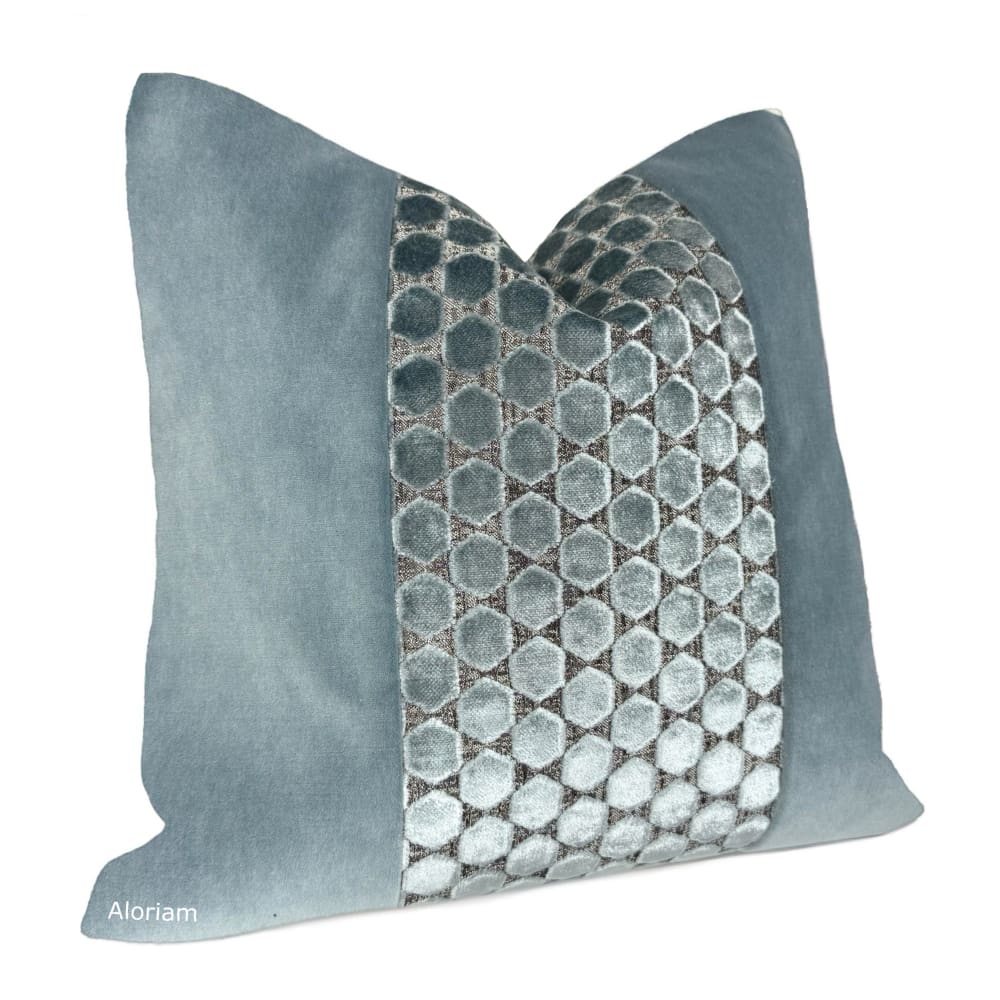 Hudson-Romo Orosi French Blue Cut Velvet Panel Pillow Cover - Fits 20x20 insert (19x19 cover) / Pattern panel front - Solid back - Aloriam