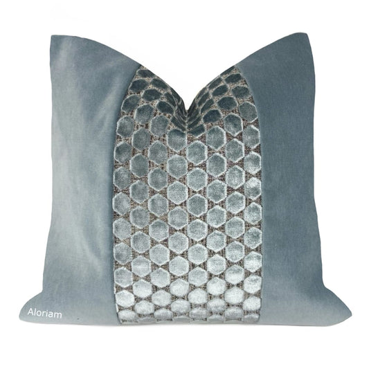 Hudson-Romo Orosi French Blue Cut Velvet Panel Pillow Cover - Fits 20x20 insert (19x19 cover) / Pattern panel front - Solid back - Aloriam