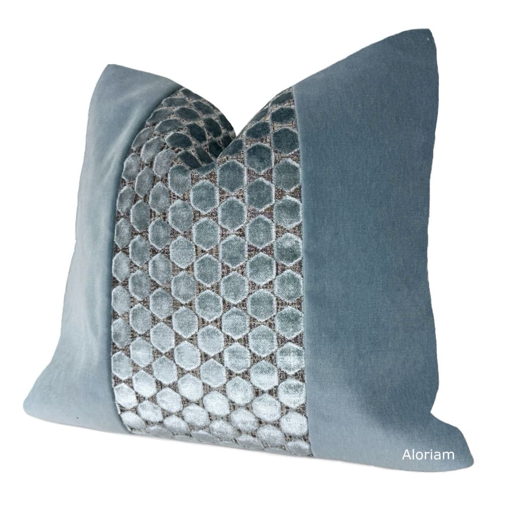 Hudson-Romo Orosi French Blue Cut Velvet Panel Pillow Cover - Fits 20x20 insert (19x19 cover) / Pattern panel front - Solid back - Aloriam