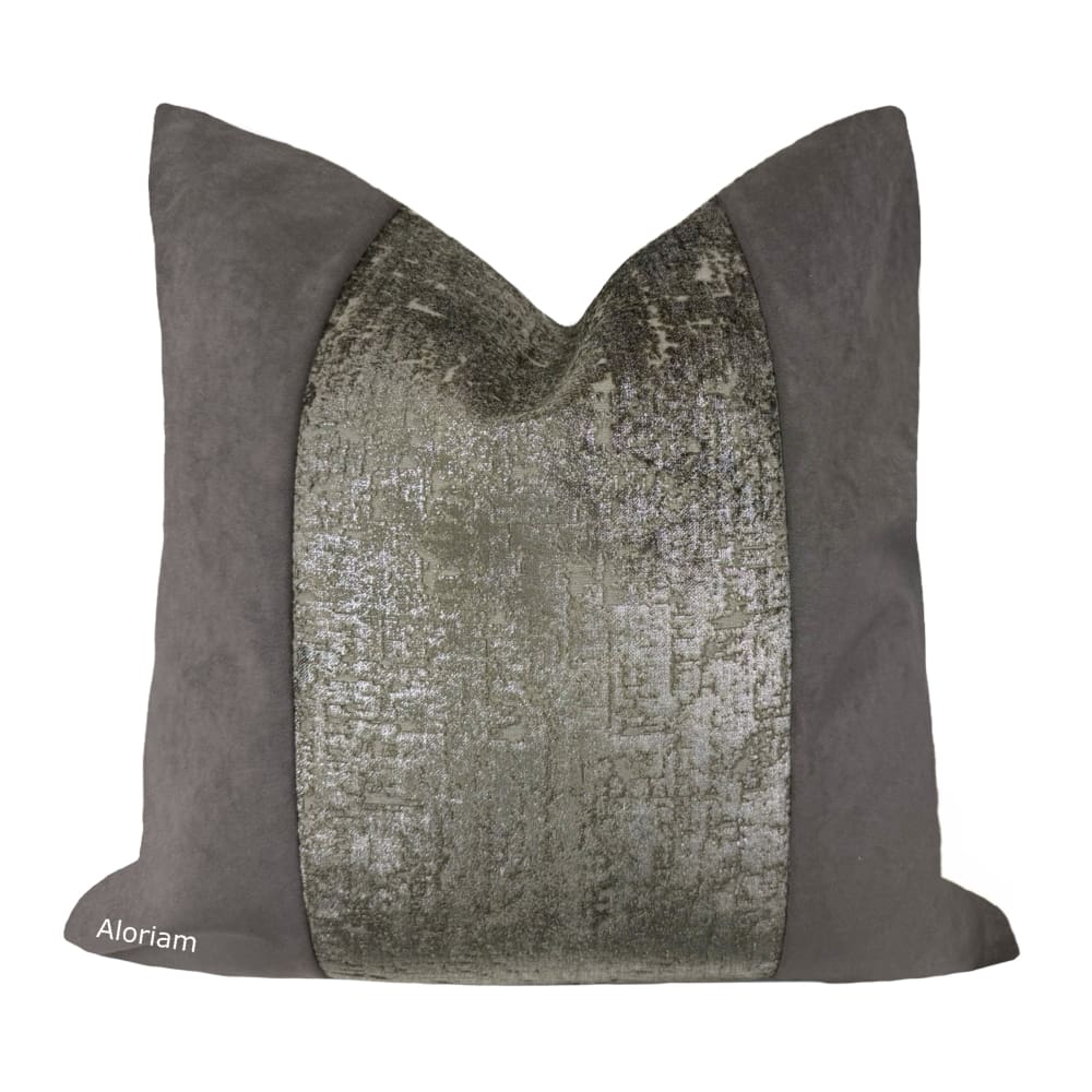 Hudson-Zazie Luxe Metallic Pewter Gray Velvet Pillow Cover - Fits 24x24 insert (22x22 cover) / Panel pattern front - Solid back - Aloriam