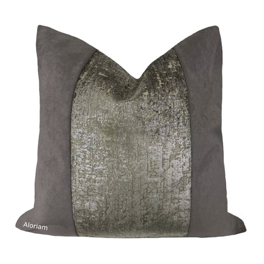 Hudson-Zazie Luxe Metallic Pewter Gray Velvet Pillow Cover - Fits 24x24 insert (22x22 cover) / Panel pattern front - Solid back - Aloriam