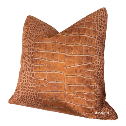 Ricci Cognac Brown Crocodile Print Velvet Pillow Cover - Aloriam