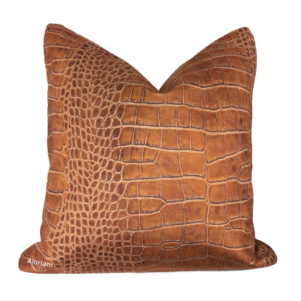 Ricci Cognac Brown Crocodile Print Velvet Pillow Cover - Aloriam