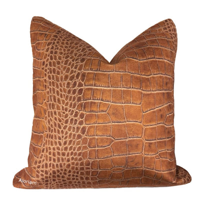 Ricci Cognac Brown Crocodile Print Velvet Pillow Cover - Aloriam
