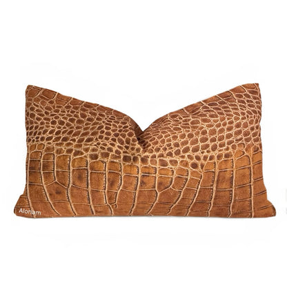 Ricci Cognac Brown Crocodile Print Velvet Pillow Cover - Aloriam