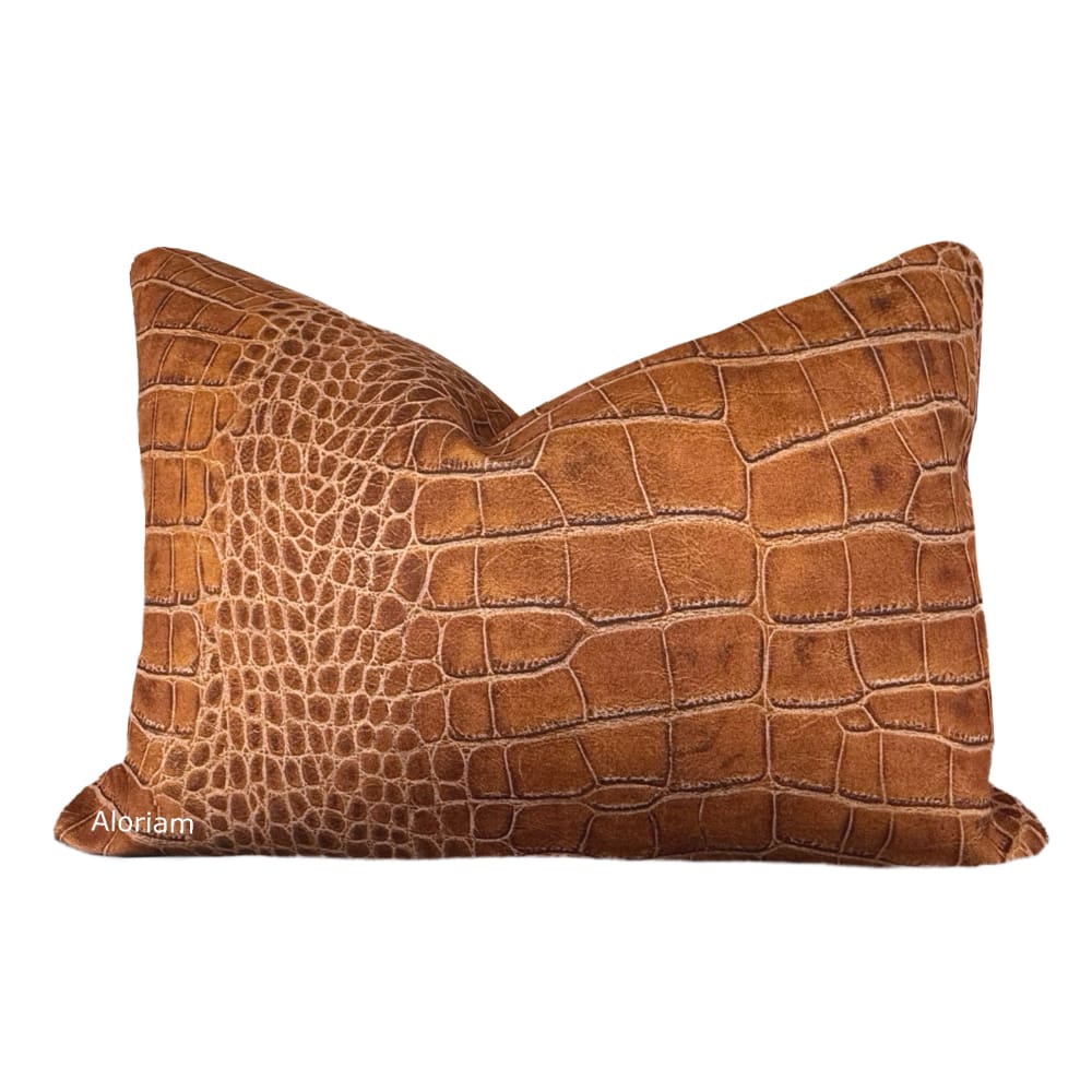 Ricci Cognac Brown Crocodile Print Velvet Pillow Cover - Aloriam
