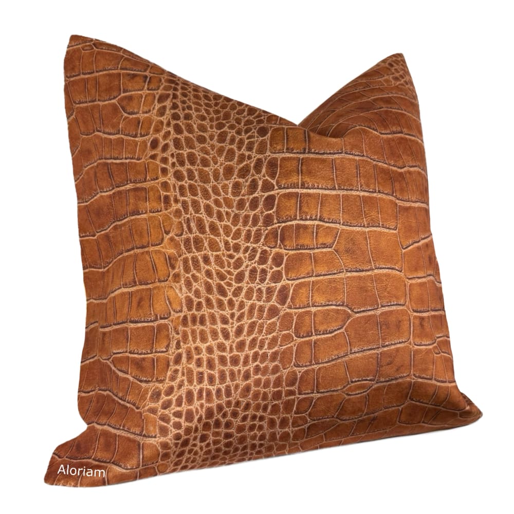Ricci Cognac Brown Crocodile Print Velvet Pillow Cover - Aloriam