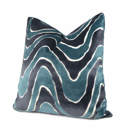 Robert Allen Lush Wave Batik Blue Teal Italian Cut Velvet Pillow Cover - Aloriam