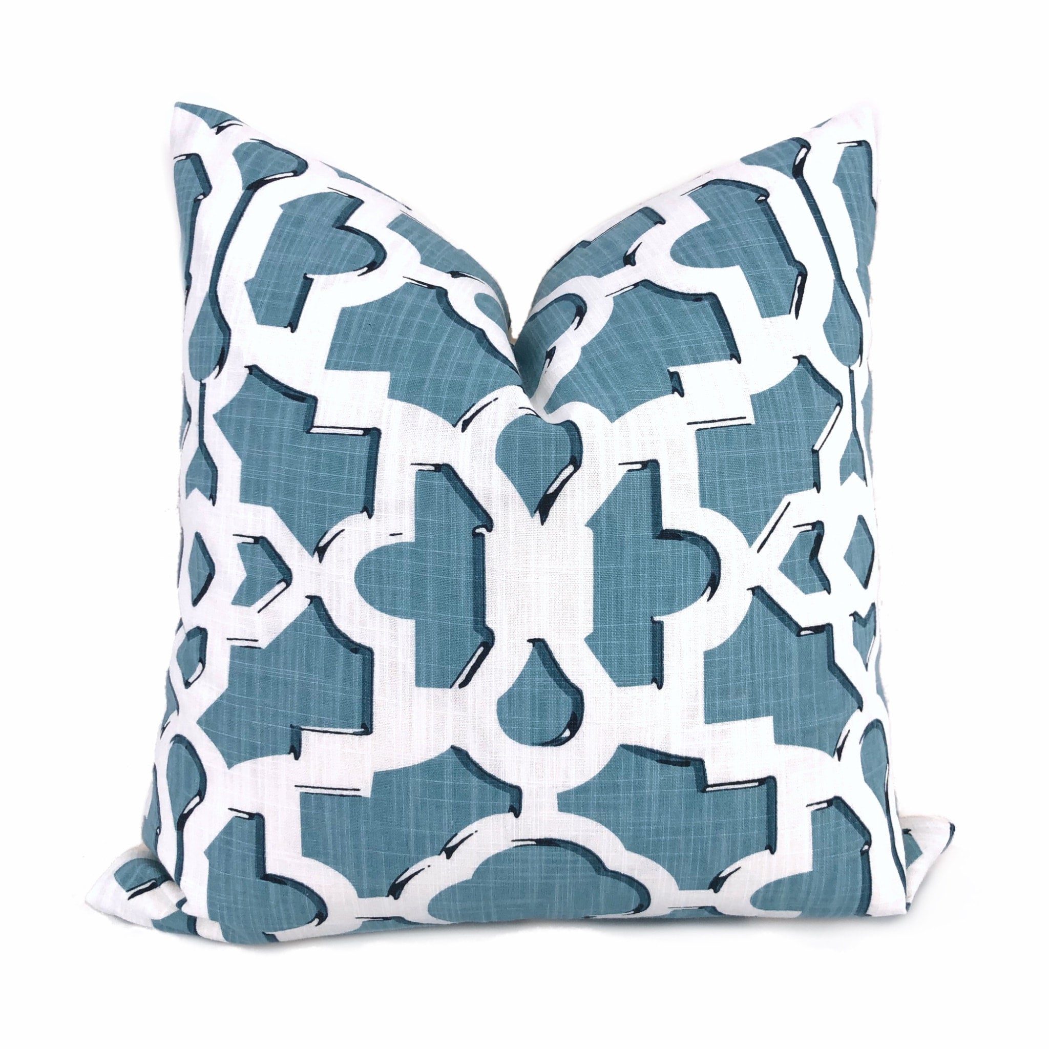 Artega Sky Blue White Lattice Fretwork Pillow Cover by Aloriam
